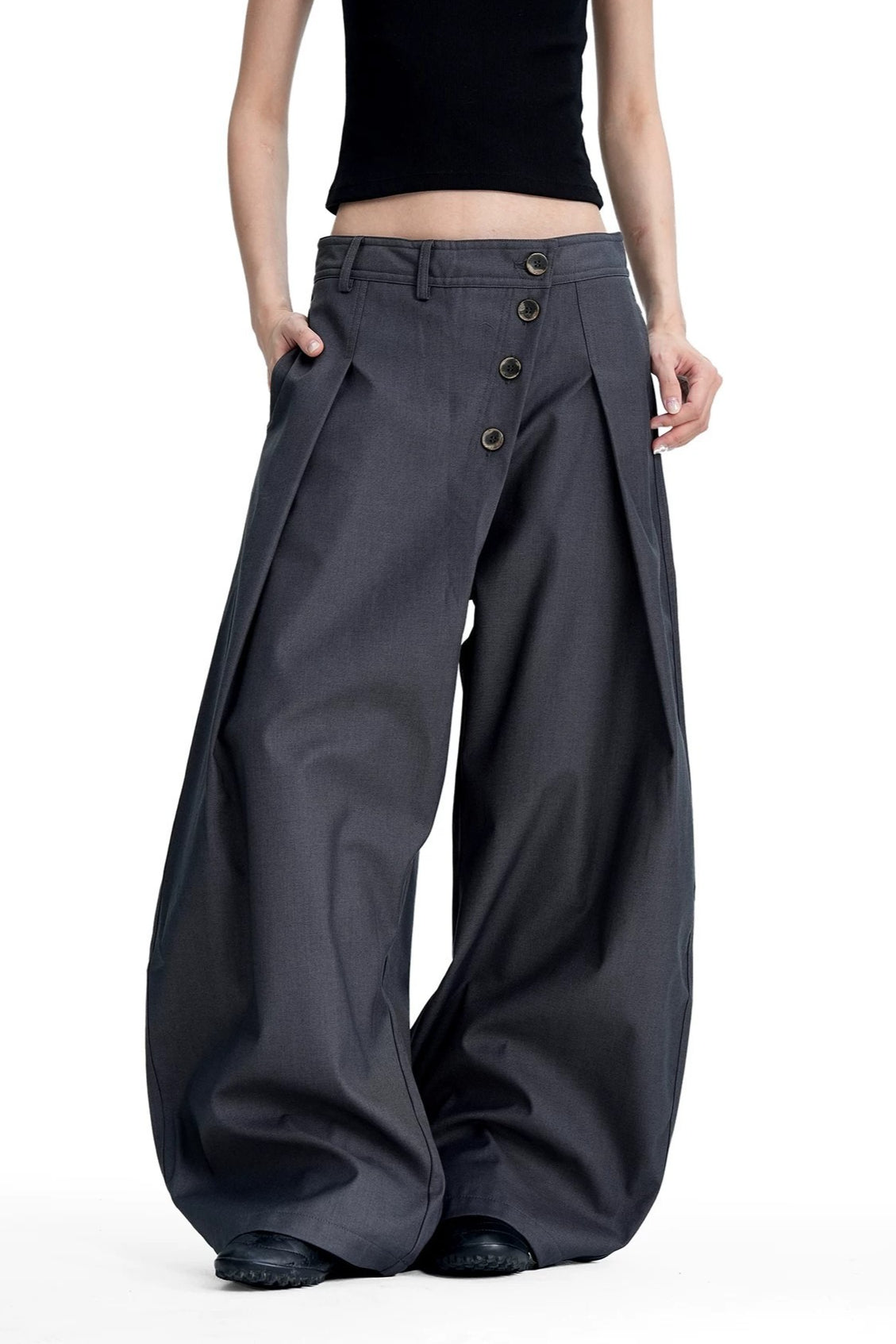 Asymmetric Button Front Wide Leg Pants