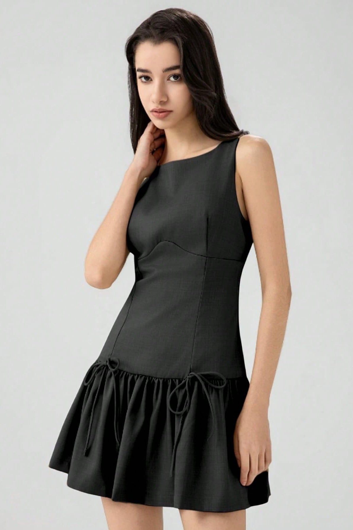 Solid Color Bow Sleeveless Mini Dress