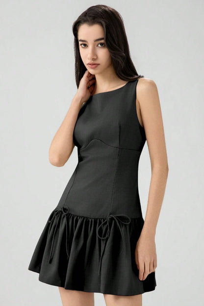 Solid Color Bow Sleeveless Mini Dress