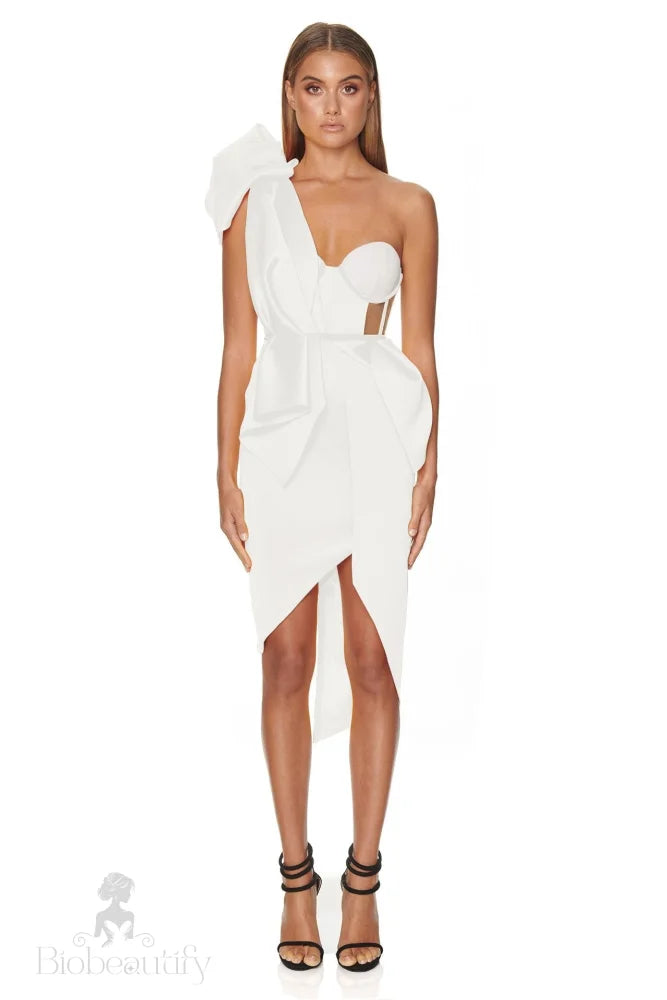 Adelle Bandage Corset-Style One Shoulder Dress With Bow