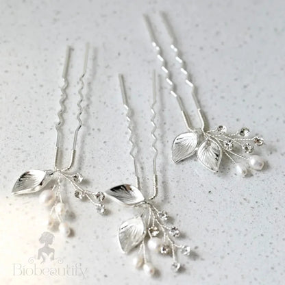 Adina Pearl Hair Pins Set Of Three In Gold And Silver