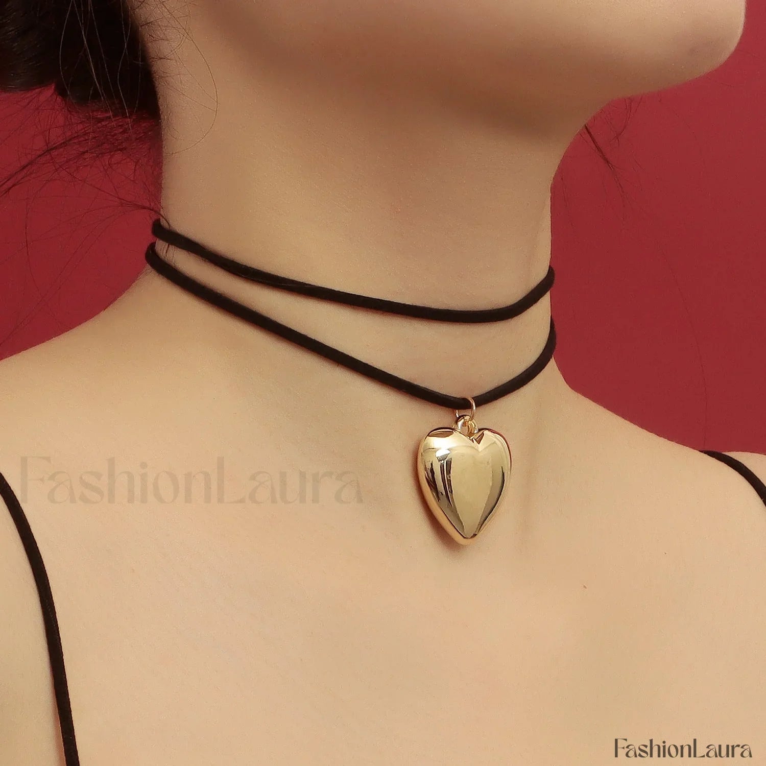 Adjustable Velvet Choker with Big Heart Pendant Necklace