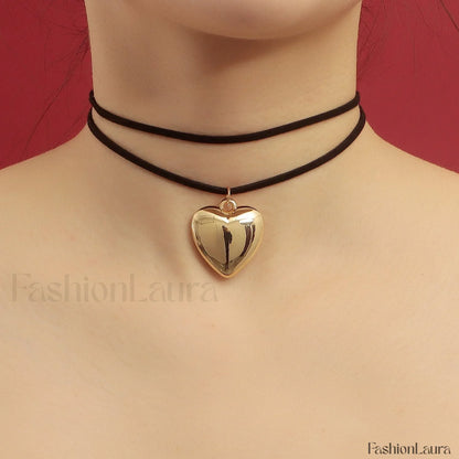 Adjustable Velvet Choker with Big Heart Pendant Necklace