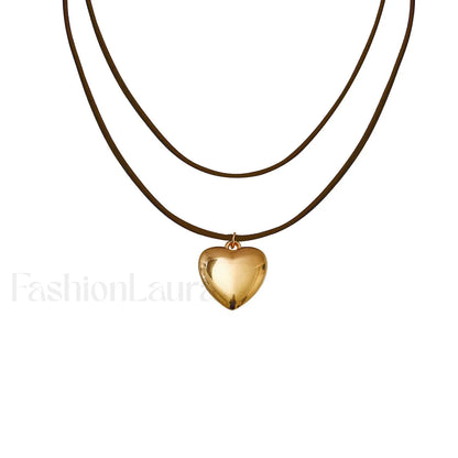 Adjustable Velvet Choker with Big Heart Pendant Necklace BROWN