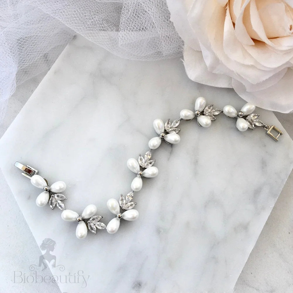 Adonna Pearl And Zirconia Bridal Bracelet In Silver Gold