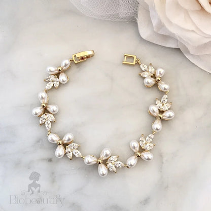 Adonna Pearl And Zirconia Bridal Bracelet In Silver Gold