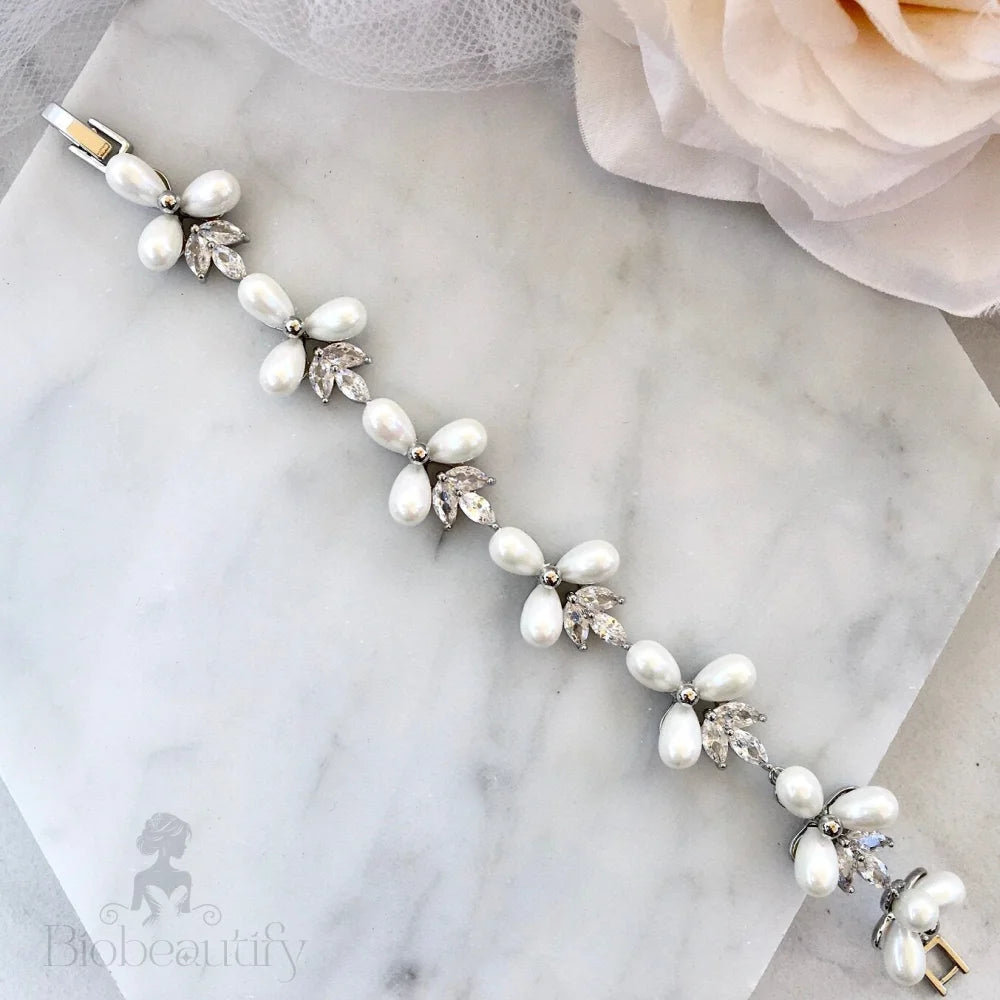 Adonna Pearl And Zirconia Bridal Bracelet In Silver Gold