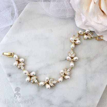 Adonna Pearl And Zirconia Bridal Bracelet In Silver Gold