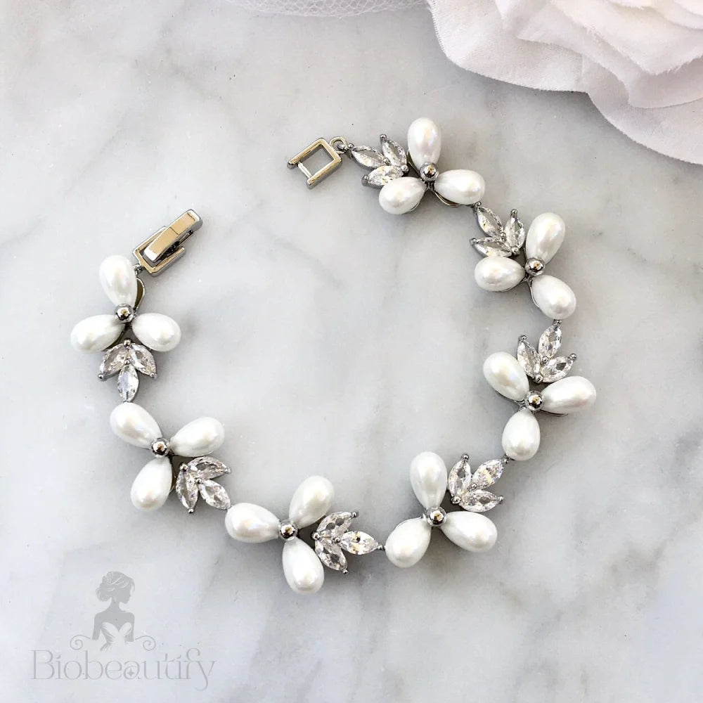 Wedding Jewelry - Pearl and Cubic Zirconia Bridal Bracelet - Available in Silver and Gold