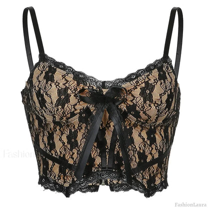 Aesthetic Lace Dark Academia E Girl Double Layer V Neck Sexy Crop Top Black / S
