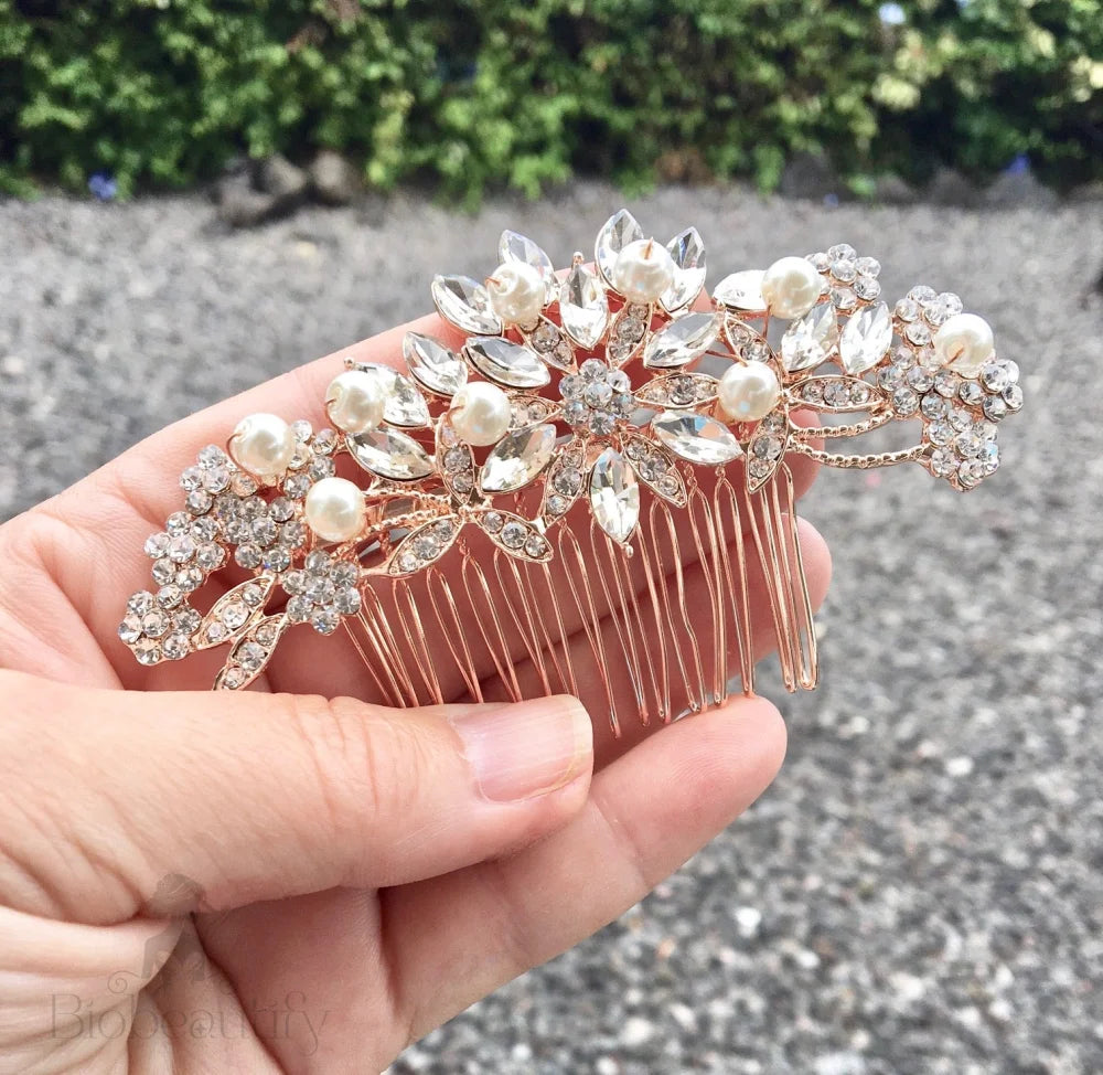 Alaina Bridal Hair Comb With Pearls And Crystals In Silver Rose Gold