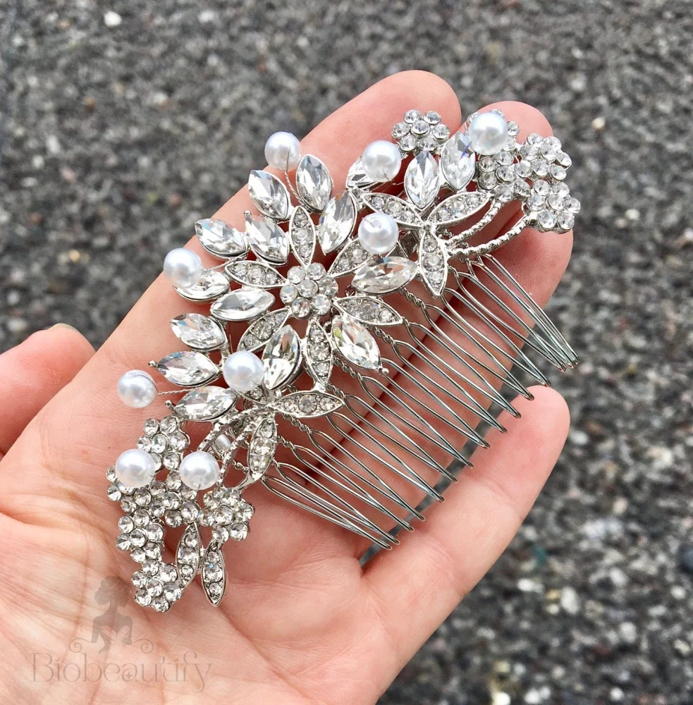 Alaina Bridal Hair Comb With Pearls And Crystals In Silver Rose Gold