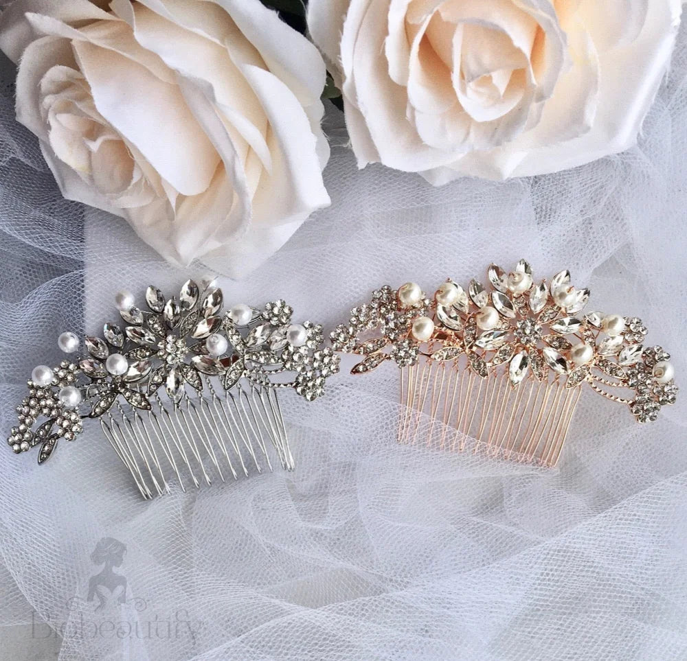 Alaina Bridal Hair Comb With Pearls And Crystals In Silver Rose Gold