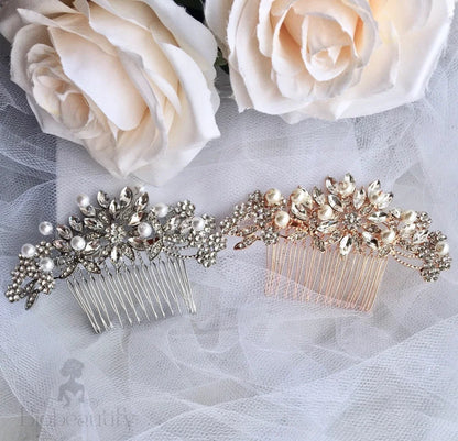 Alaina Bridal Hair Comb With Pearls And Crystals In Silver Rose Gold