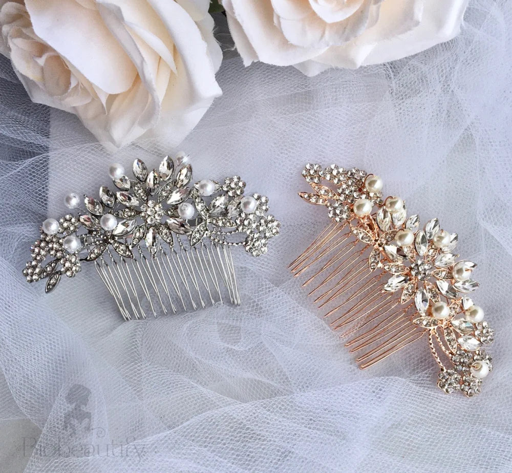 Alaina Bridal Hair Comb With Pearls And Crystals In Silver Rose Gold