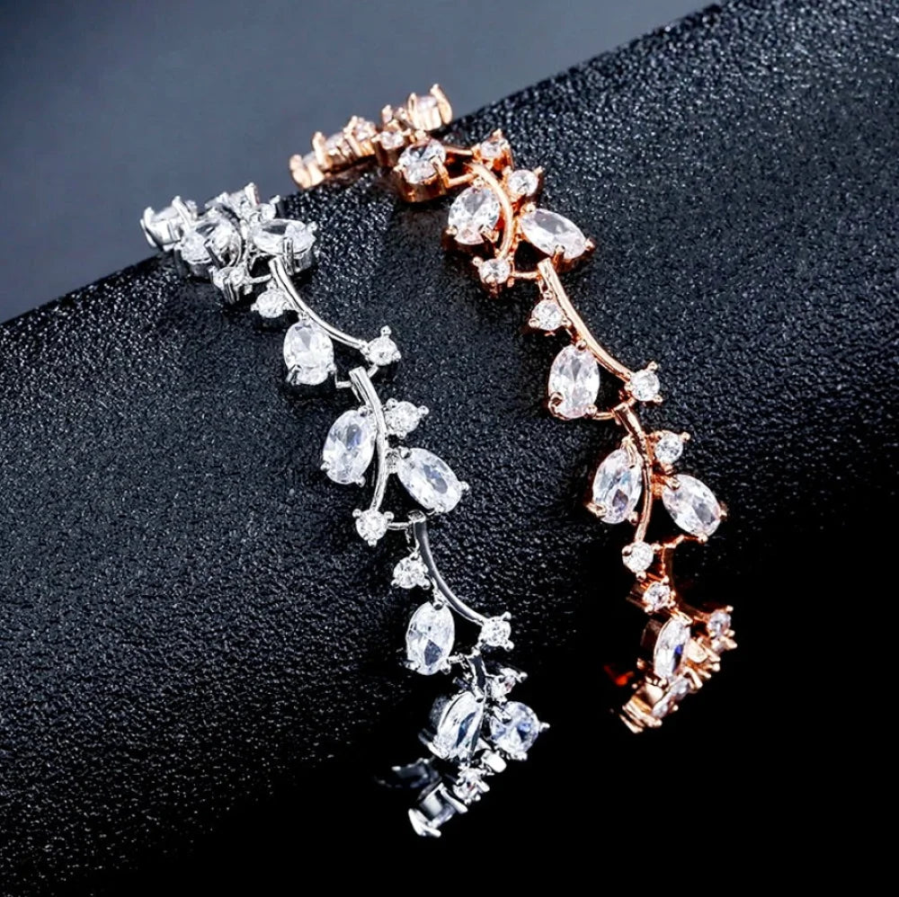 Alaya Cubic Zirconia Bridal Bracelet In Vine Design - Choose Rose Gold Or Silver