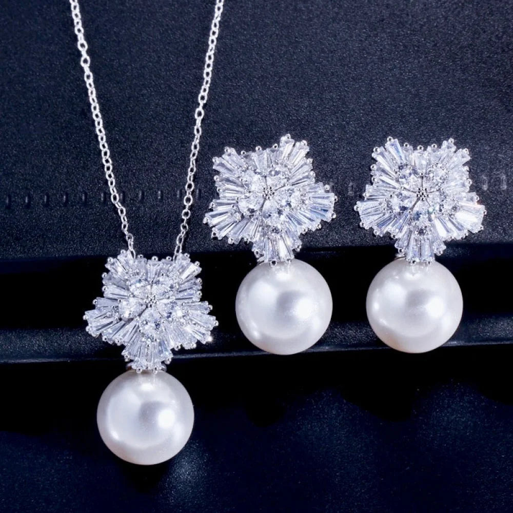 Alba Pearl And Cubic Zirconia Snowflake Bridal Jewelry Set Available In Multiple Colors