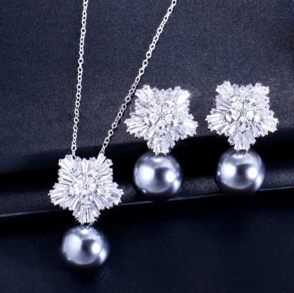 Alba Pearl And Cubic Zirconia Snowflake Bridal Jewelry Set Available In Multiple Colors