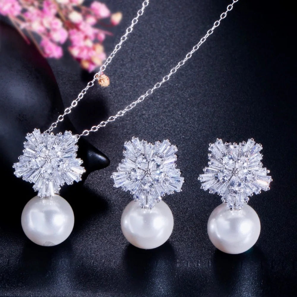 Alba Pearl And Cubic Zirconia Snowflake Bridal Jewelry Set Available In Multiple Colors