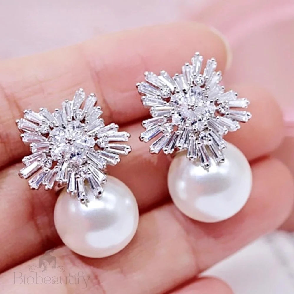 Alba Snowflake Bridal Earrings With Pearls And Cubic Zirconia - Available In More Colors