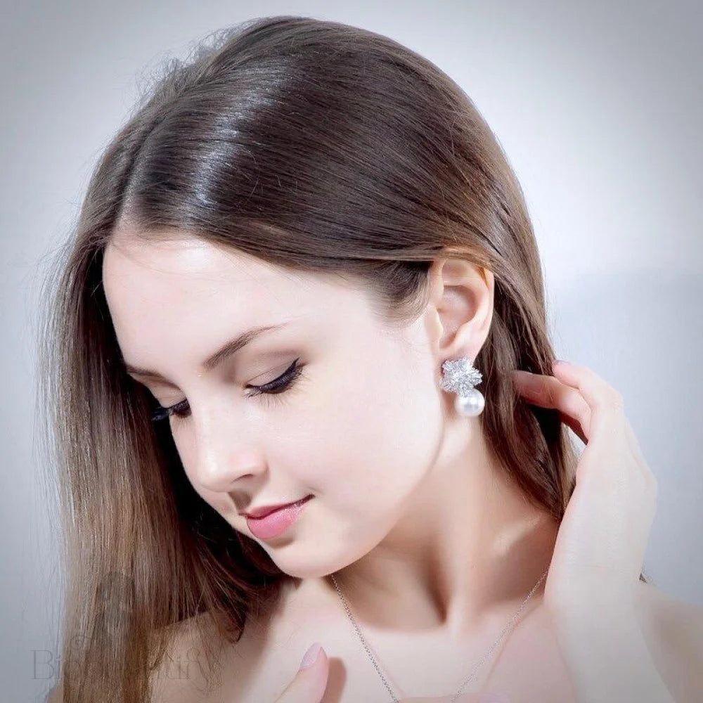 Alba Snowflake Bridal Earrings With Pearls And Cubic Zirconia - Available In More Colors