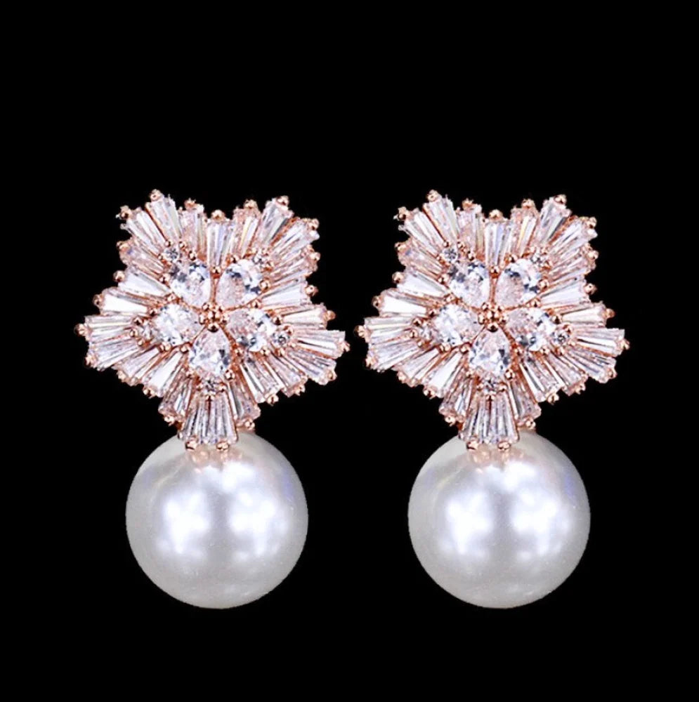 Alba Snowflake Bridal Earrings With Pearls And Cubic Zirconia - Available In More Colors