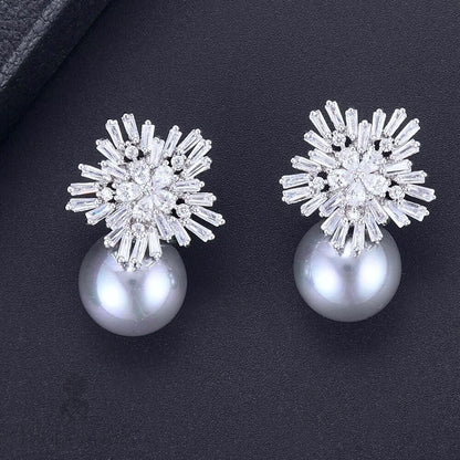 Wedding Jewelry - Pearl and Cubic Zirconia Snowflake Bridal Earrings