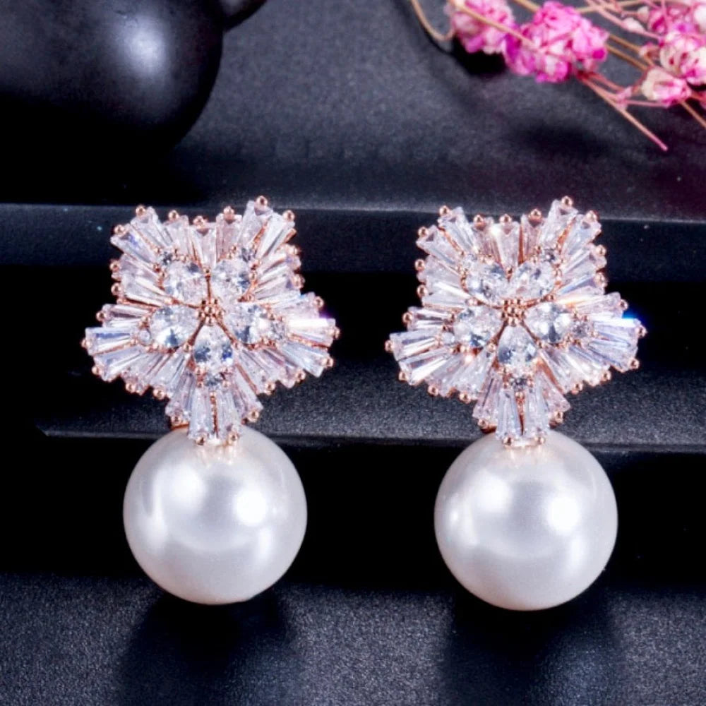 Wedding Jewelry - Pearl and Cubic Zirconia Snowflake Bridal Earrings - More Colors