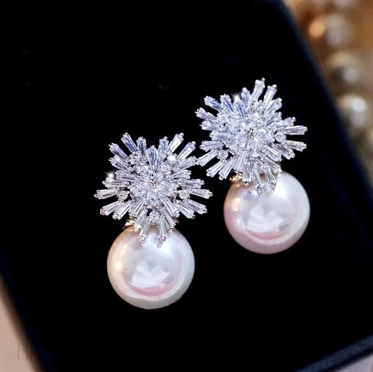 Wedding Jewelry - Pearl and Cubic Zirconia Snowflake Bridal Earrings