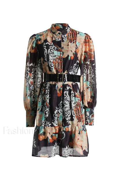 Alexandra Belted Stylish Mini Dress S / Azalea Print in Twilight