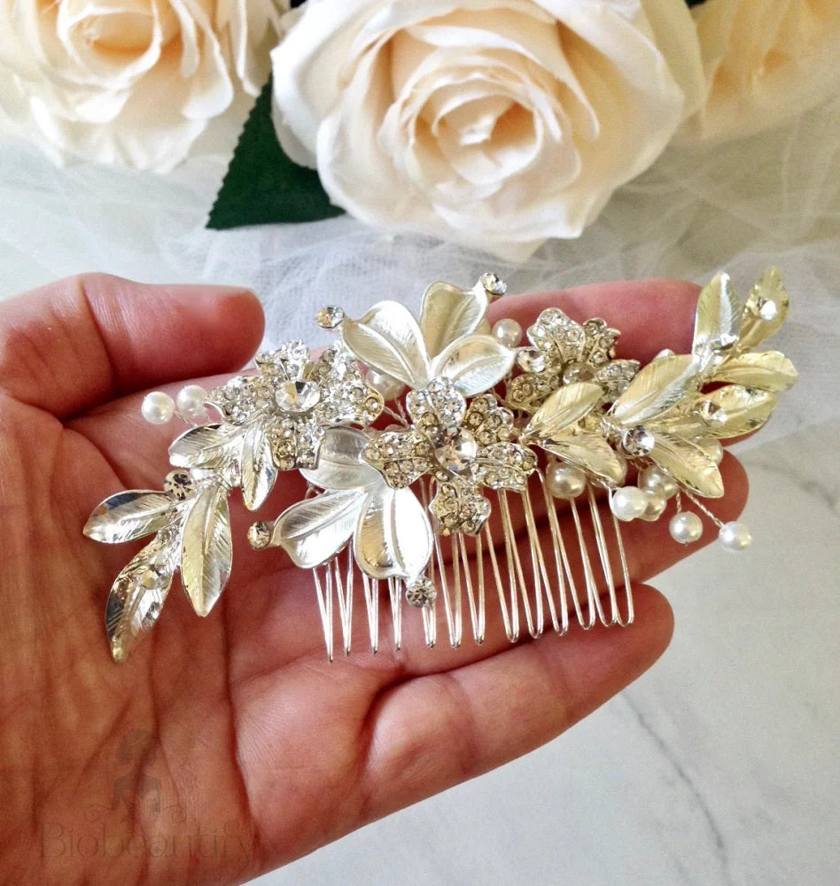 Aliya Pearl Bridal Hair Comb In Silver And Rose Gold