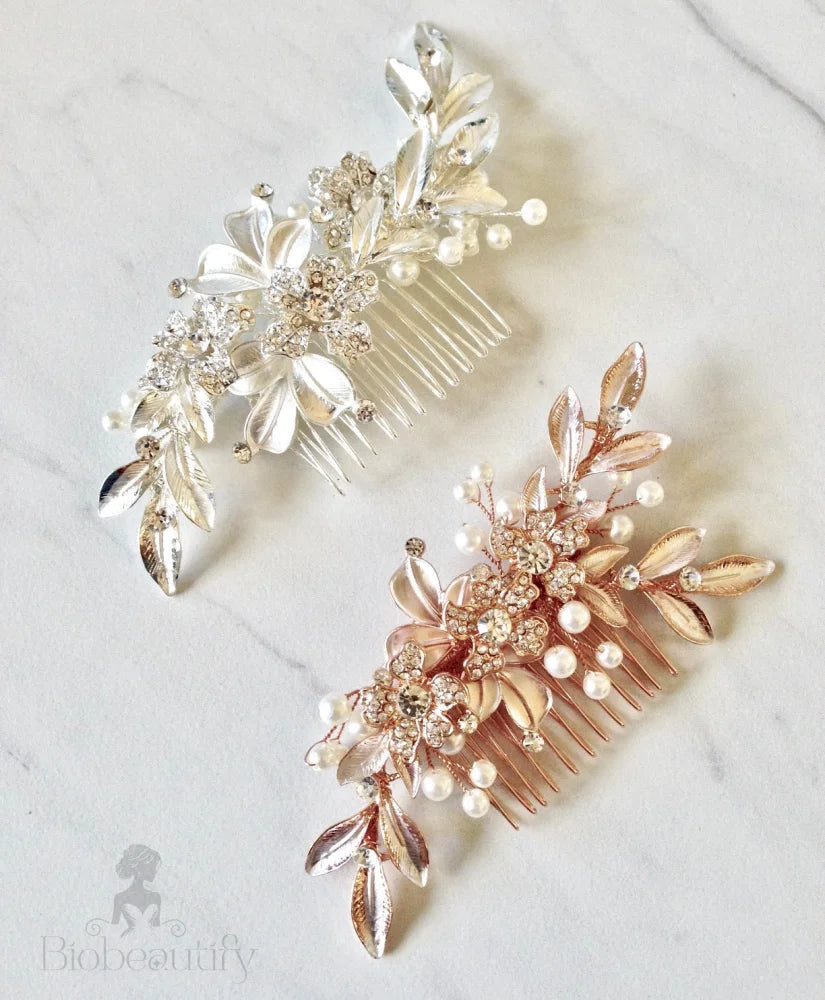 Aliya Pearl Bridal Hair Comb In Silver And Rose Gold