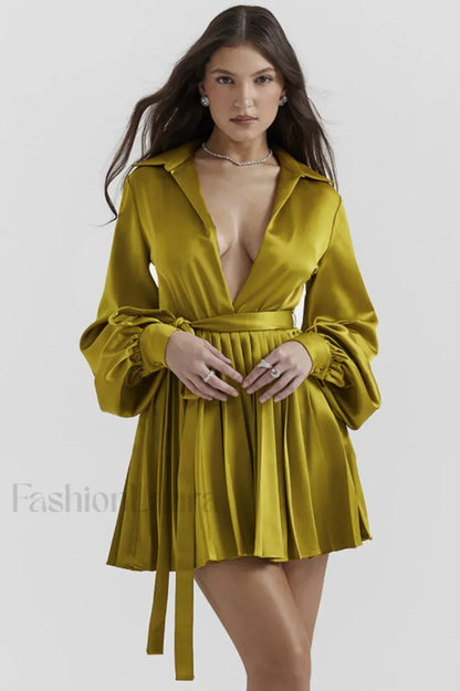 Allegra Chartreuse Stylish Pleated Shirt Dress XS / Chartreuse