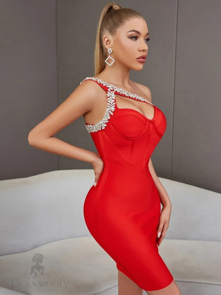 Alluring One-Shoulder Rhinestone Bandage Dress With Bold Sparkle