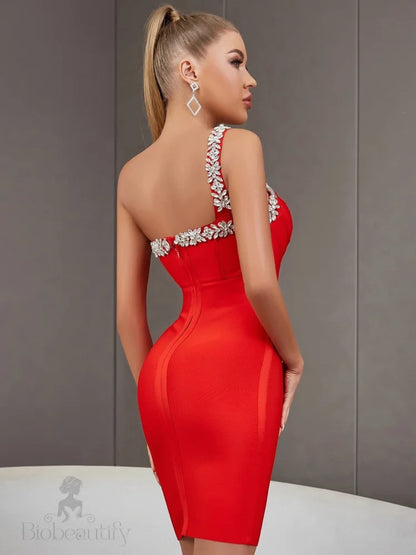 Alluring One-Shoulder Rhinestone Bandage Dress With Bold Sparkle