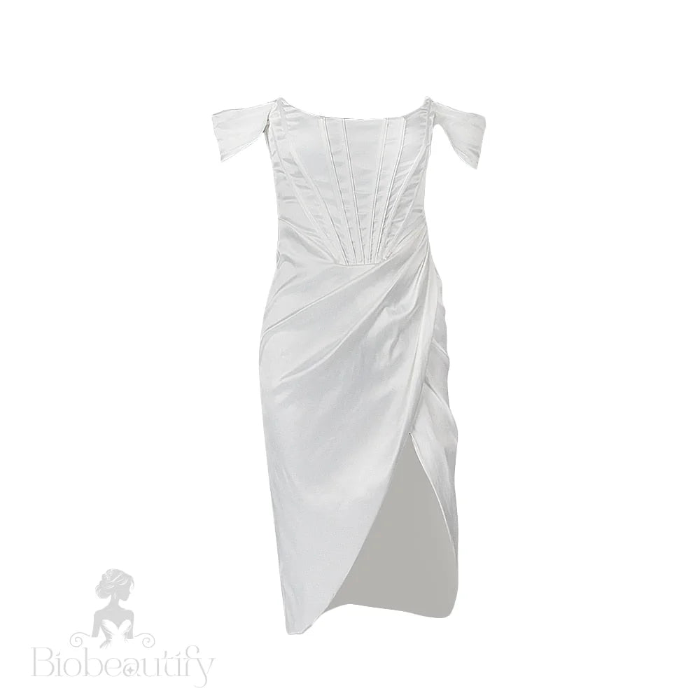 Alluring Satin Off-Shoulder Dress With Flowing Layers