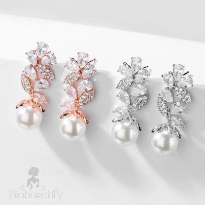 Almera Bridal Earrings With Pearl And Cubic Zirconia - Rose Gold Silver Options Available