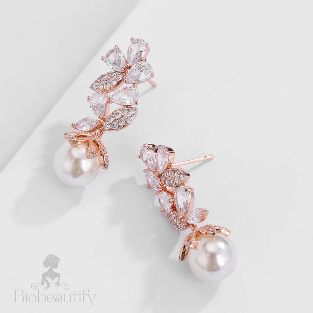 Almera Bridal Earrings With Pearl And Cubic Zirconia - Rose Gold Silver Options Available