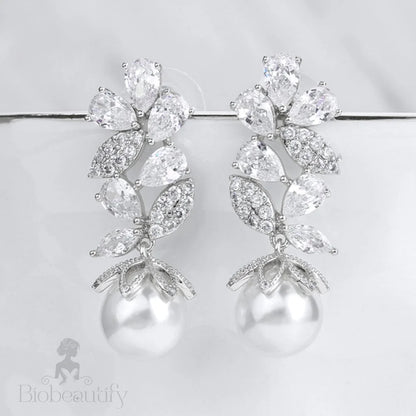 Almera Bridal Earrings With Pearl And Cubic Zirconia - Rose Gold Silver Options Available