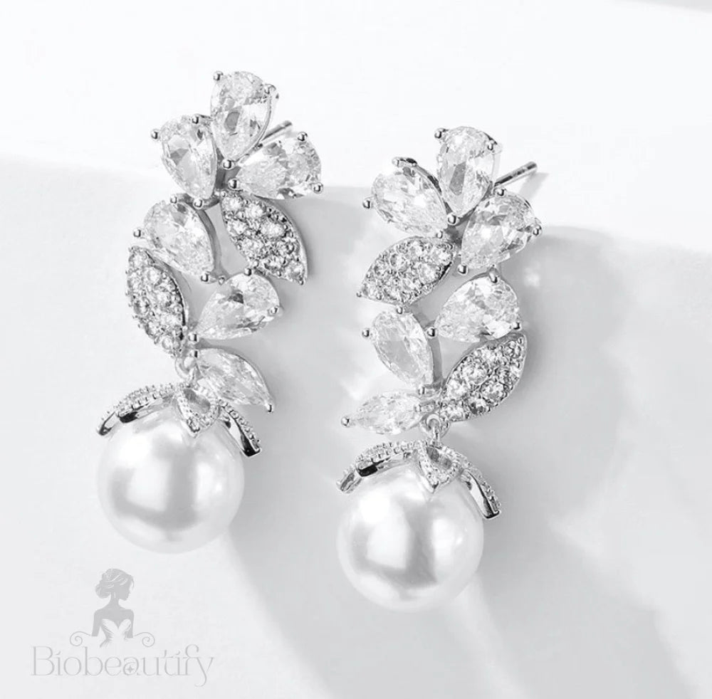 Wedding Jewelry - Pearl and Cubic Zirconia Bridal Earrings