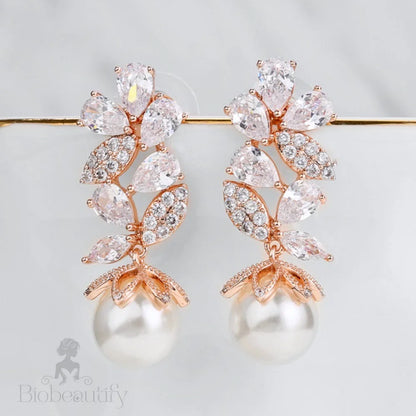 Almera Bridal Earrings With Pearl And Cubic Zirconia - Rose Gold Silver Options Available