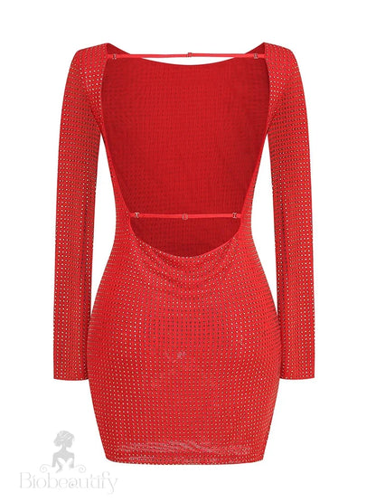 Althea Long Sleeve Mini Dress With Cowl Back Mesh And Rhinestones