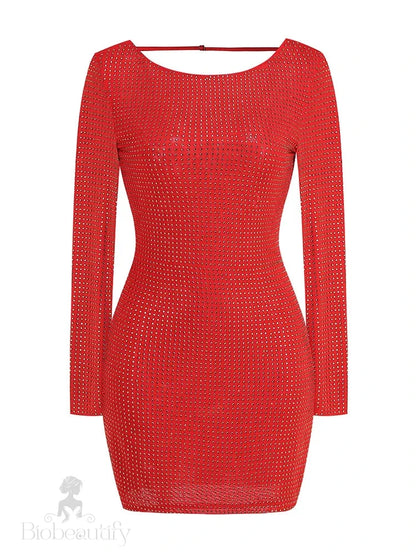 Althea Long Sleeve Mini Dress With Cowl Back Mesh And Rhinestones