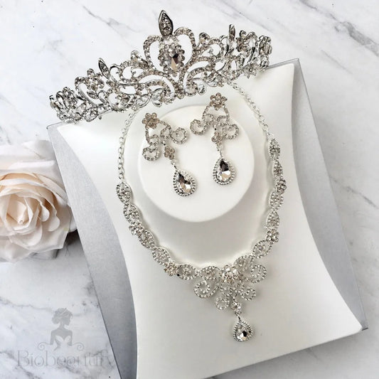 Wedding Jewelry and Accessories - Silver Cubic Zirconia 3-Piece Bridal Jewelry Set With Tiara