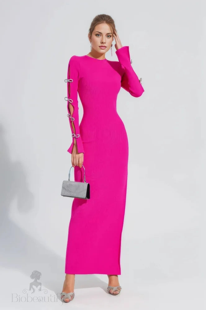 Alyssa Rhinestone Gown Dress With Bandage Long Sleeves And Cut Outs Fuchsia / Xs