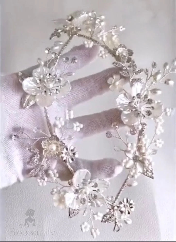 Amandine Silver Pearl And Crystal Bridal Headband/Vine