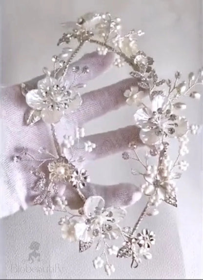 Amandine Silver Pearl And Crystal Bridal Headband/Vine