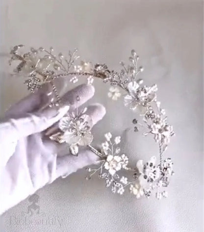 Amandine Silver Pearl And Crystal Bridal Headband/Vine