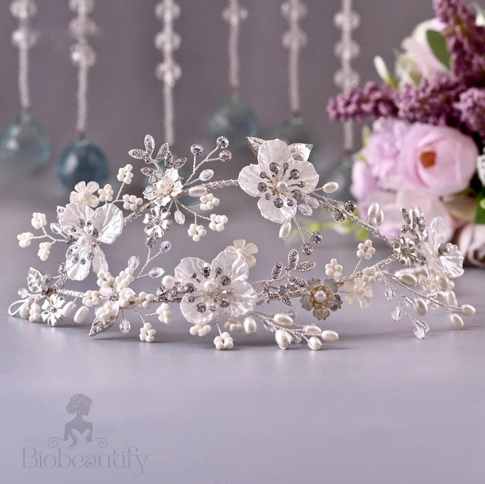 Amandine Silver Pearl And Crystal Bridal Headband/Vine