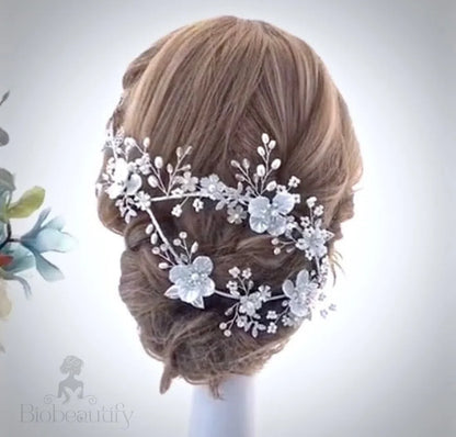 Amandine Silver Pearl And Crystal Bridal Headband/Vine